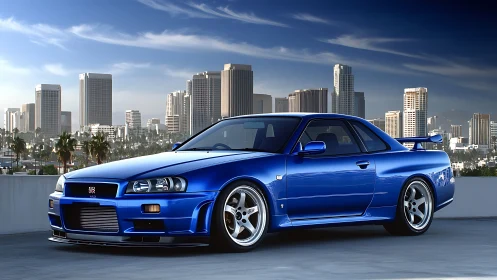 Blue sports coupe parked on rooftop with city skyline.