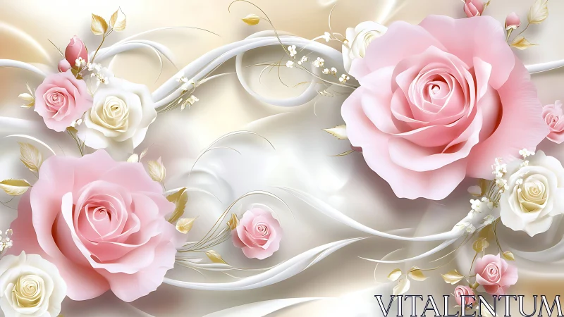 Pink and Cream Roses Flowing with Elegant White Ribbons and Gold Accents