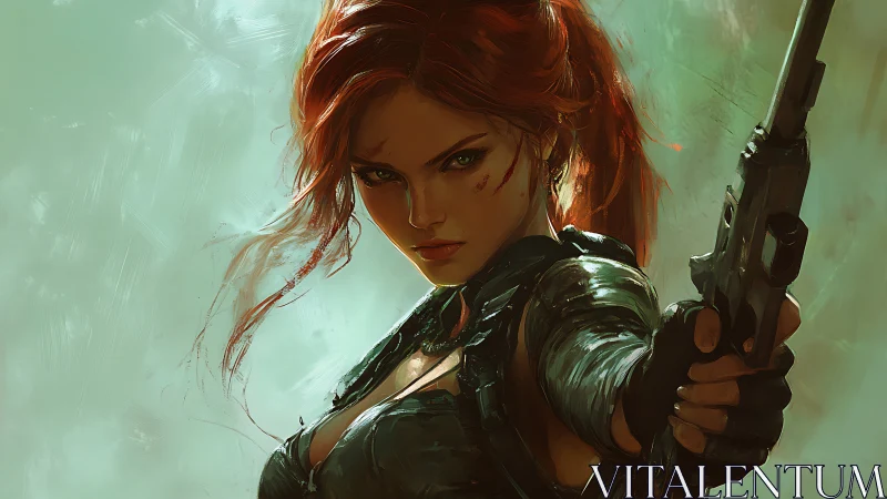 Digital painting of a battle-scarred redhead operative in focus.
