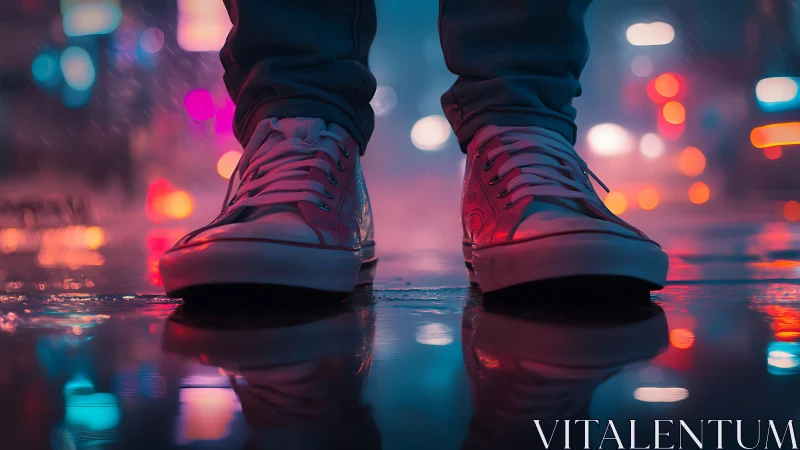 Neon city sneakers pausing in rainlit reflections at night.
