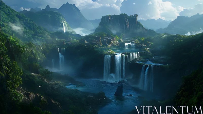 Cascading rainforest waterfalls render vast atmospheric valley