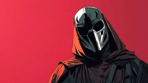 Hooded masked figure rendered in stylized graphic illustration