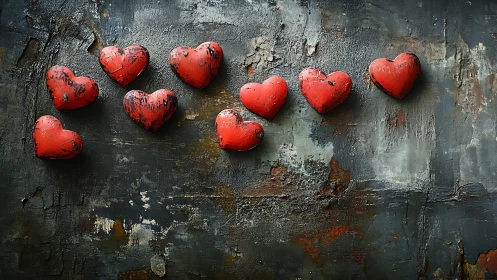 Ten red sculptural hearts mounted on weathered textured wall