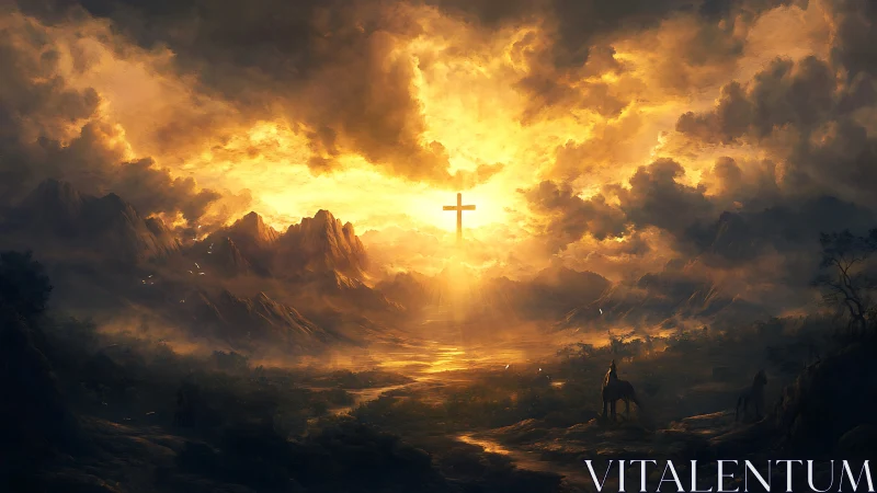 Cross-shaped light structure dominates clouded mountain valley