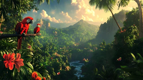 Scarlet macaws overlook lush tropical valley at sunrise