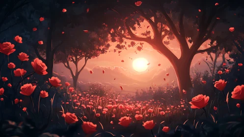 Crimson blossom grove under a dreaming ember sunset.