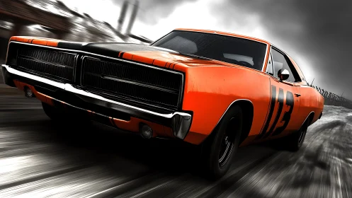 Orange muscle car storms a rain-slicked grayscale highway.