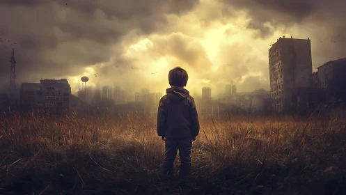 Child stands alone in ruined urban field under storm clouds