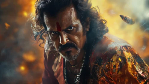 Fire crowned warrior glare amid storm of molten embers.