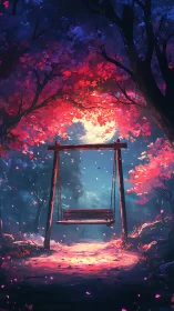 Wooden swing is suspended under dense red forest canopy