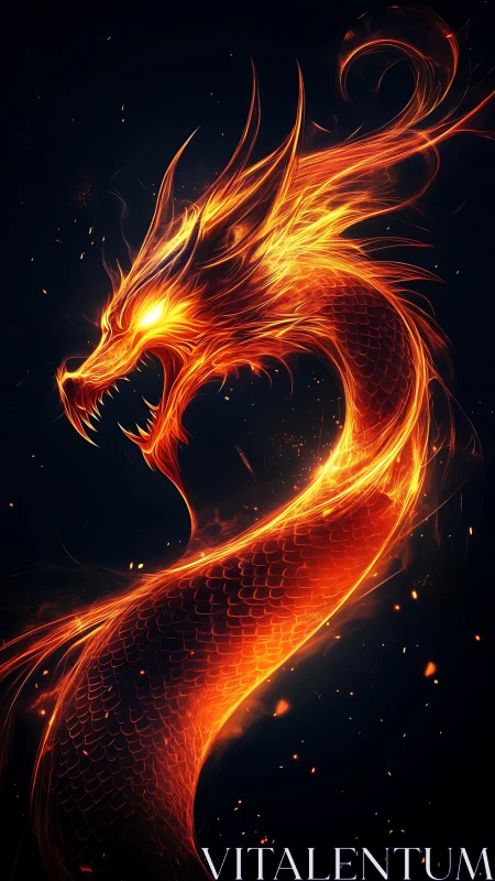 Fiery serpentine dragon coils through darkness and burns bright