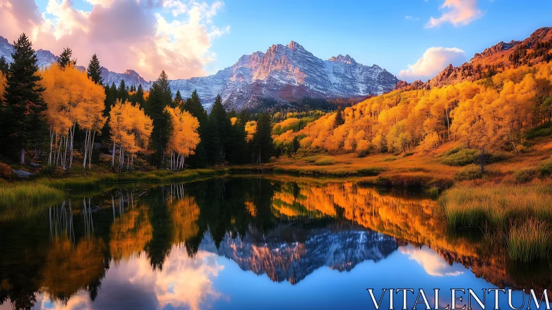 Autumn mountains, golden forest, and lake reflection scene.