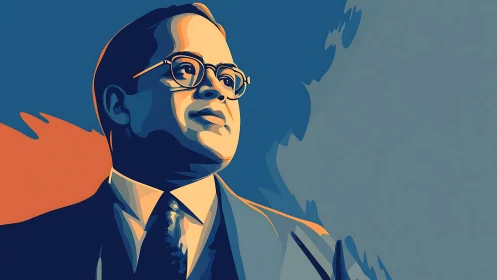 Stylized portrait of suited man rendered in flat color planes