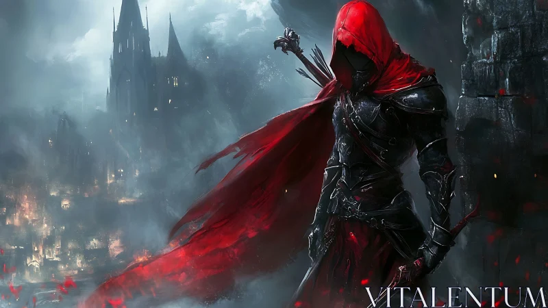 Hooded assassin in red cloak overlooks gothic city in storm haze