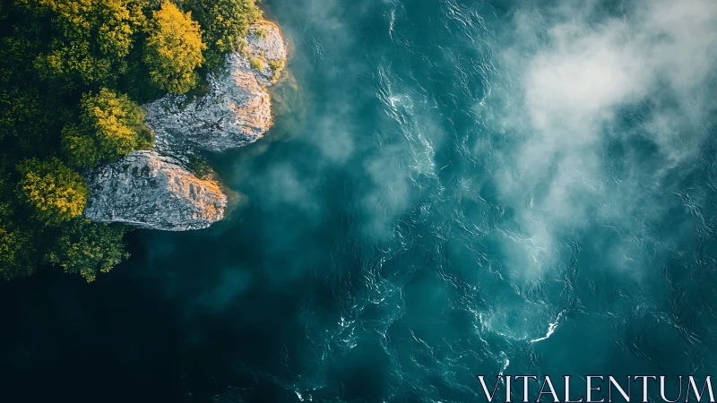Aerial rock shoreline with teal water and low morning mist