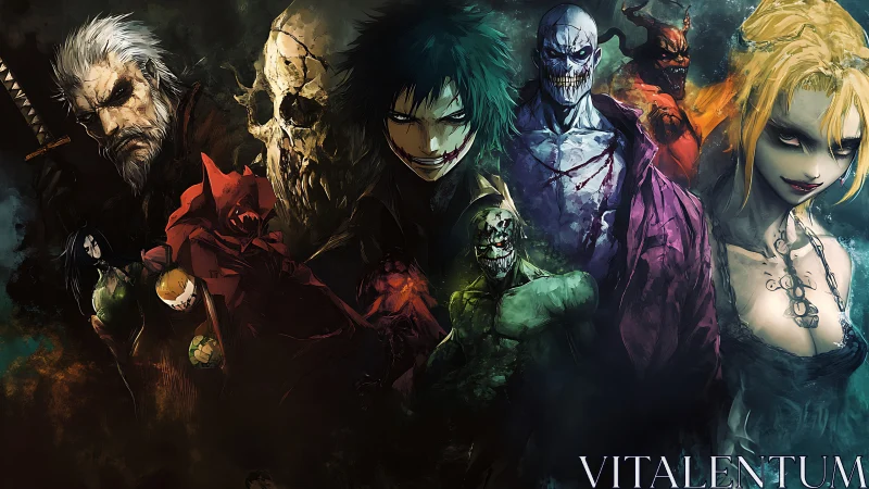 Sinister anime villains lineup in high-contrast nebula haze