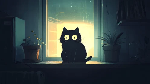 Quiet night, wide-eyed cat and windowlit houseplants.
