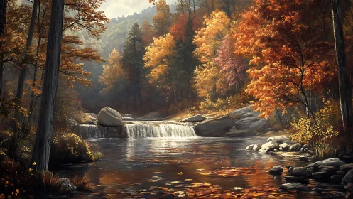 Golden autumn river cascade under soft afternoon light.