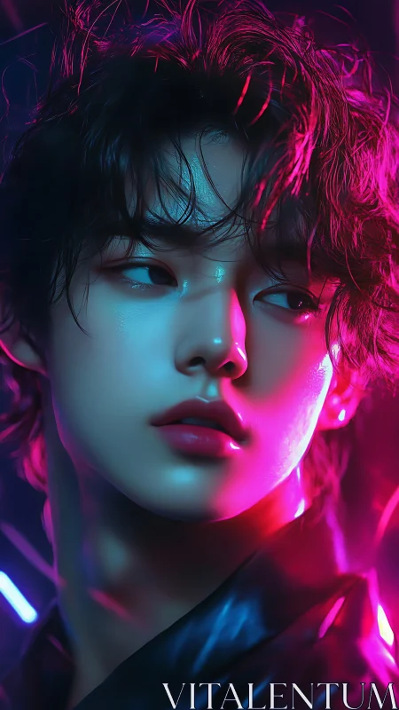 Neon-lit androgynous portrait in high-contrast close-up view.