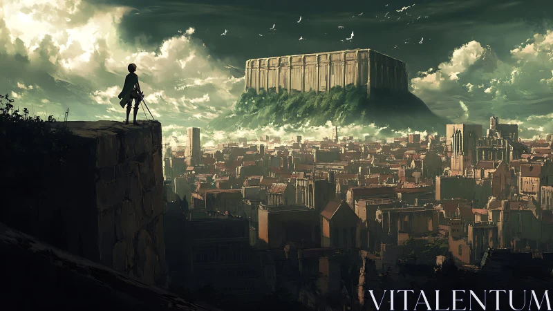 Lone scout surveys fortified citadel above vast cityscape