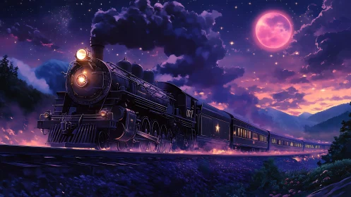Midnight steam train under vivid starry magenta sky.
