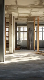 Unfinished interior structure with columns and window openings.