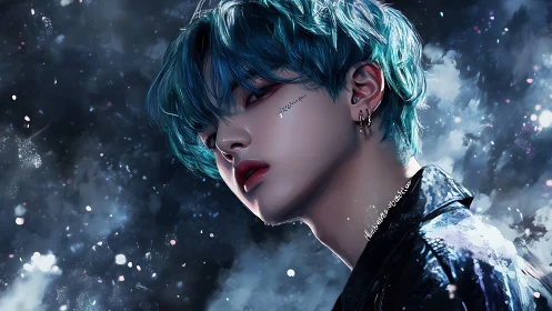 Iridescent teal haired youth in luminous cosmic bokeh night