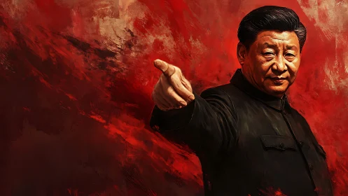 Political leader portrait against turbulent red abstraction.