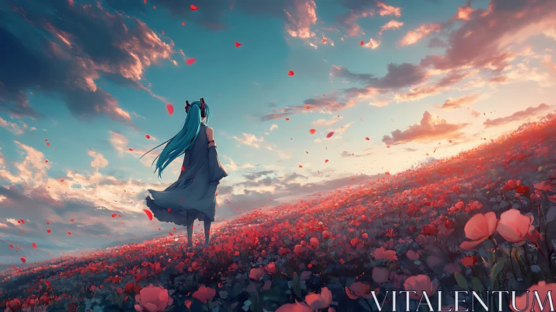 Girl with teal hair stands in red flower field at sunset