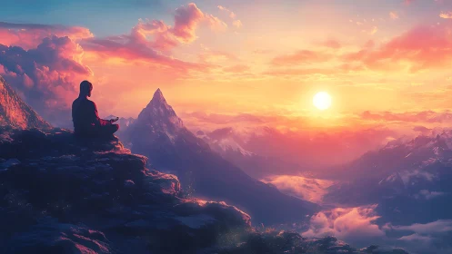 Meditative silhouette overlooking radiant alpine sunrise.