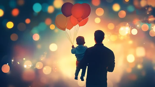 Father and Child Holding Red Heart Balloons at Sunset.