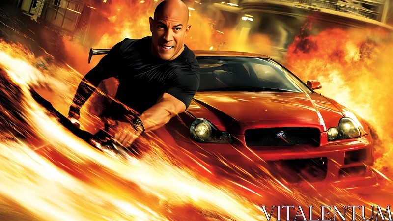 Man runs beside red sports car through explosive fire