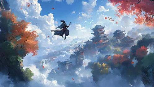 Sword-bearing wanderer soars above misty mountain temples.
