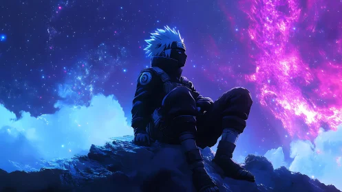 Masked figure seated on rocky ledge beneath starfield sky.