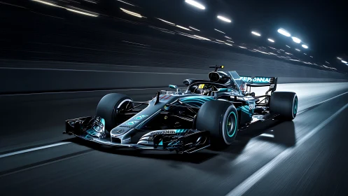 Futuristic F1 race car charges through a neon lit night circuit
