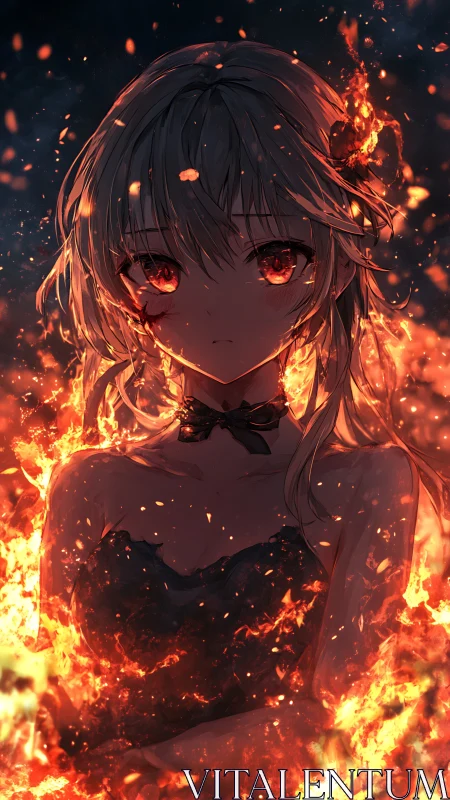 Fierce ember-eyed girl stands calm within swirling flames
