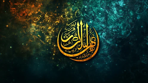 Golden Arabic calligraphy emblem glows on textured nebula field