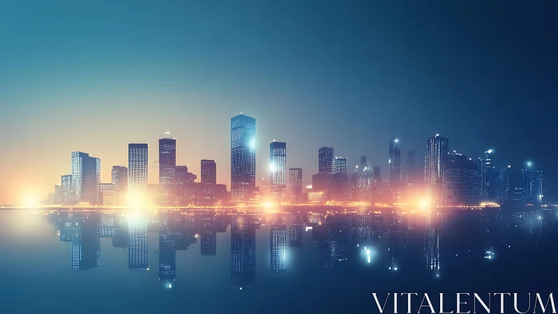 Night city skyline with illuminated towers and reflections.