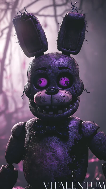 Corroded purple animatronic rabbit under eerie forest haze.