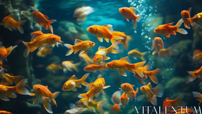 Golden fish drift gently through a bright, bubbling aquarium