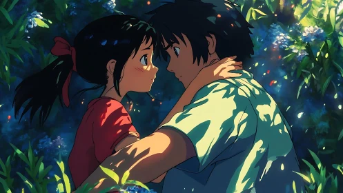 Young couple share tender gaze in glowing forest light.