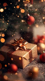 Gift box rests beneath decorated tree with defocused lights