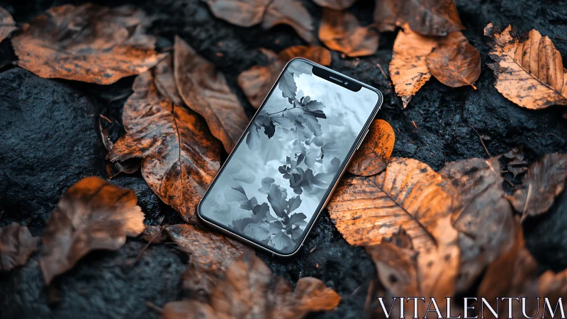 Smartphone with monochrome leaves amid rich autumn ground.