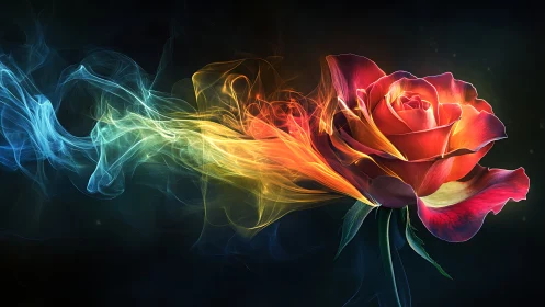 Luminous fire-kissed rose wrapped in swirling rainbow smoke.