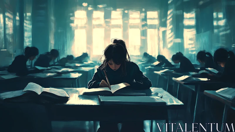 Student studying alone in dim classroom with blue light.