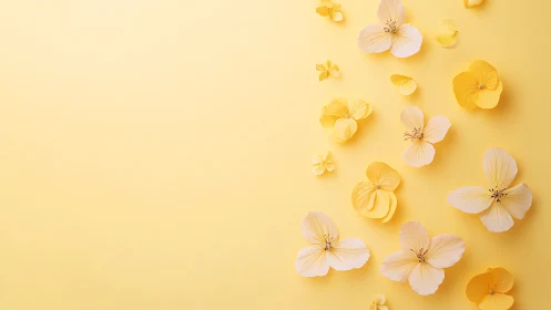 Paper blossoms drift like quiet sunlight across yellow