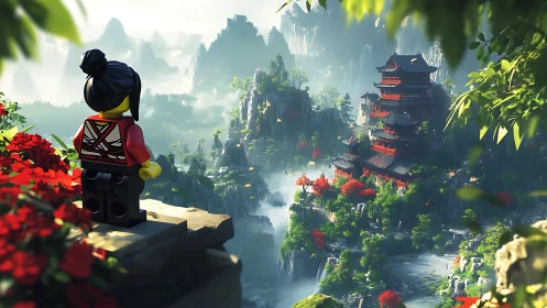 Lego traveler surveys misty valley temple complex at sunrise
