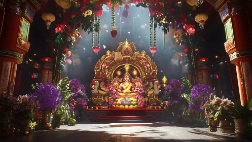 Golden temple garden where quiet light meets rich color.