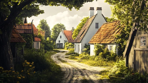 Sunlit rural cottages along winding cobblestone lane.