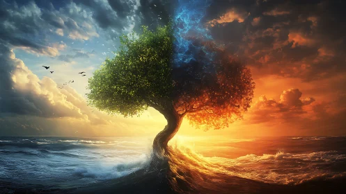 Tree divides ocean scene into cool daylight and warm sunset
